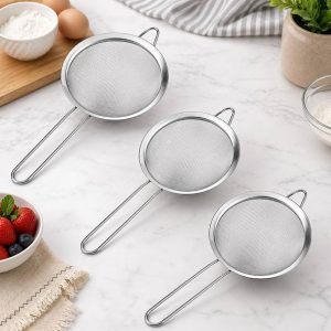 store
Stainless Steel Fine Mesh Strainer Set (12 cm, Pack of 3) | Kitchen Tea & Flour Sieve, Oil Filter Chalni, Rustproof Durable Wire Mesh Strainer for Cooking & Baking